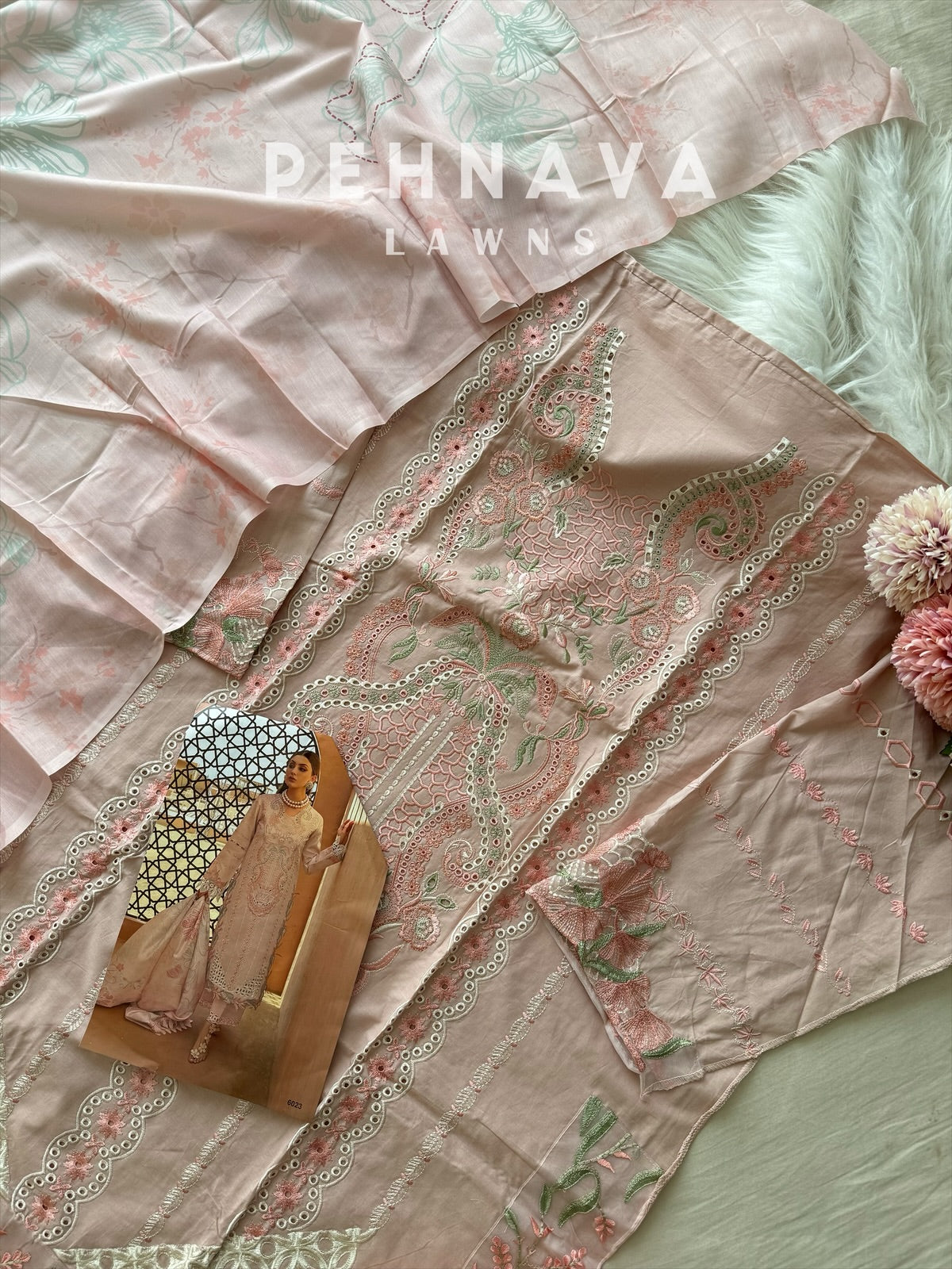 Cotton fully embroidered suit with cotton net dupatta-6023