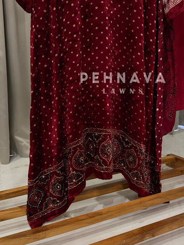 Velvet Printed Three Piece Ensemble-3298