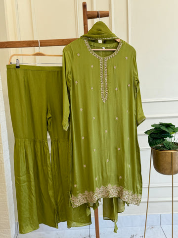 Pure chinnon hand embroidered suit with sharara Bottom