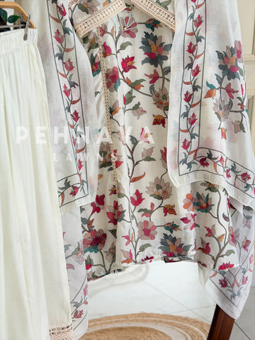 Floral Print Cotton Suit with Lace