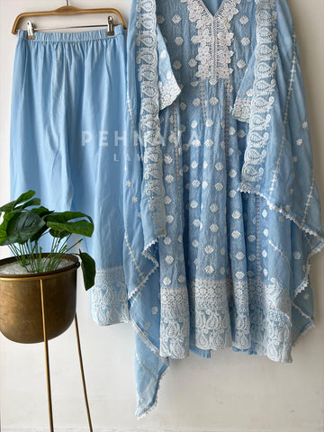 Blue Embroidered Three Piece Suit