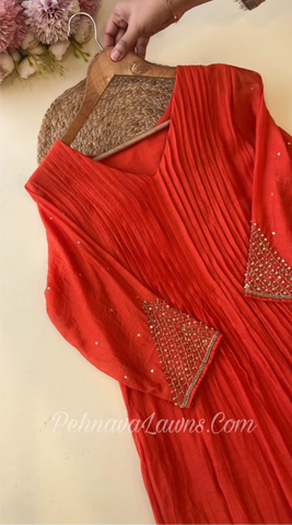 Premium Mul Chandheri Pleated A- line suit with hand detailings