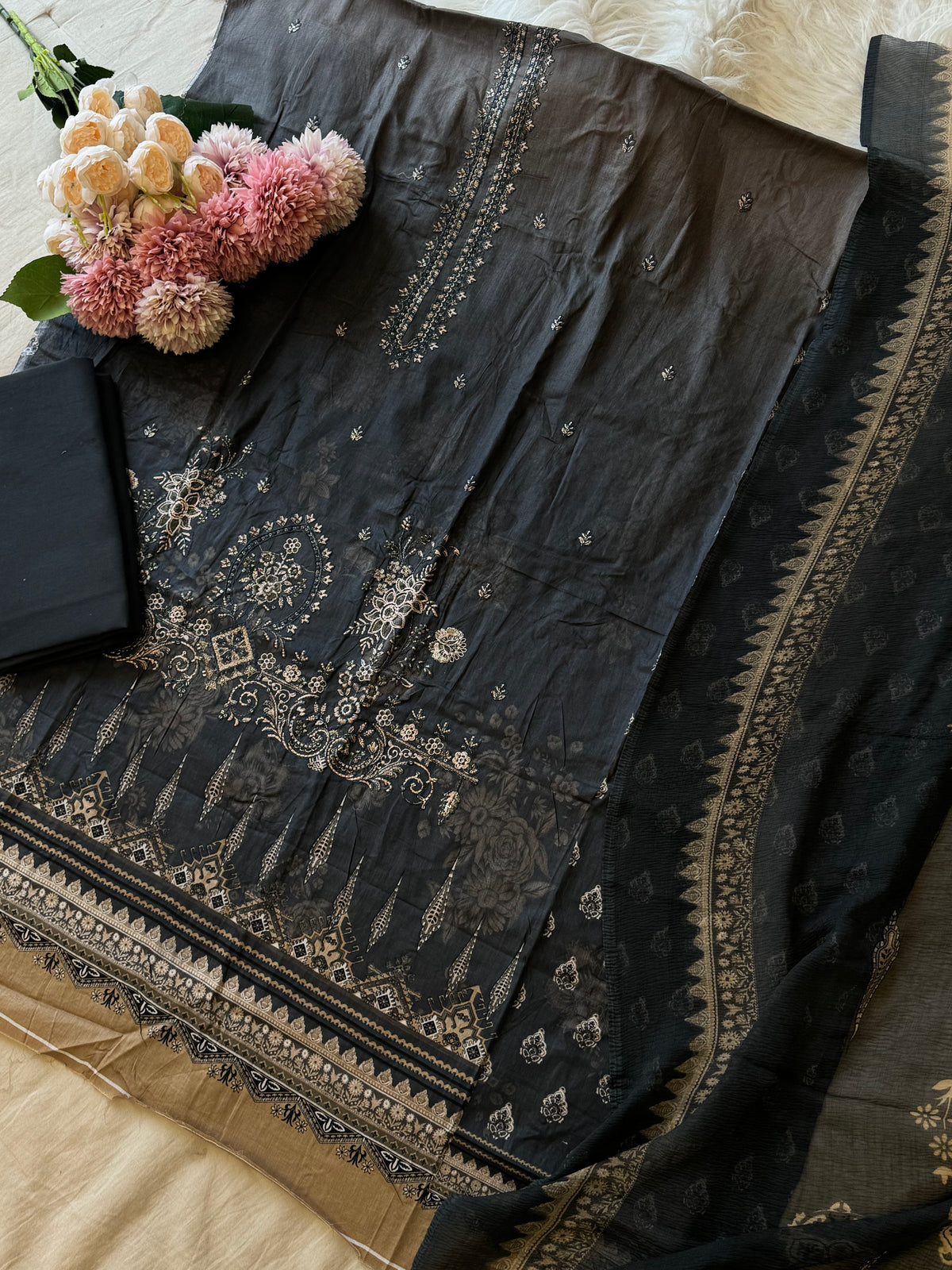 Embroidered  cotton suit with digital printed  dupatta-3