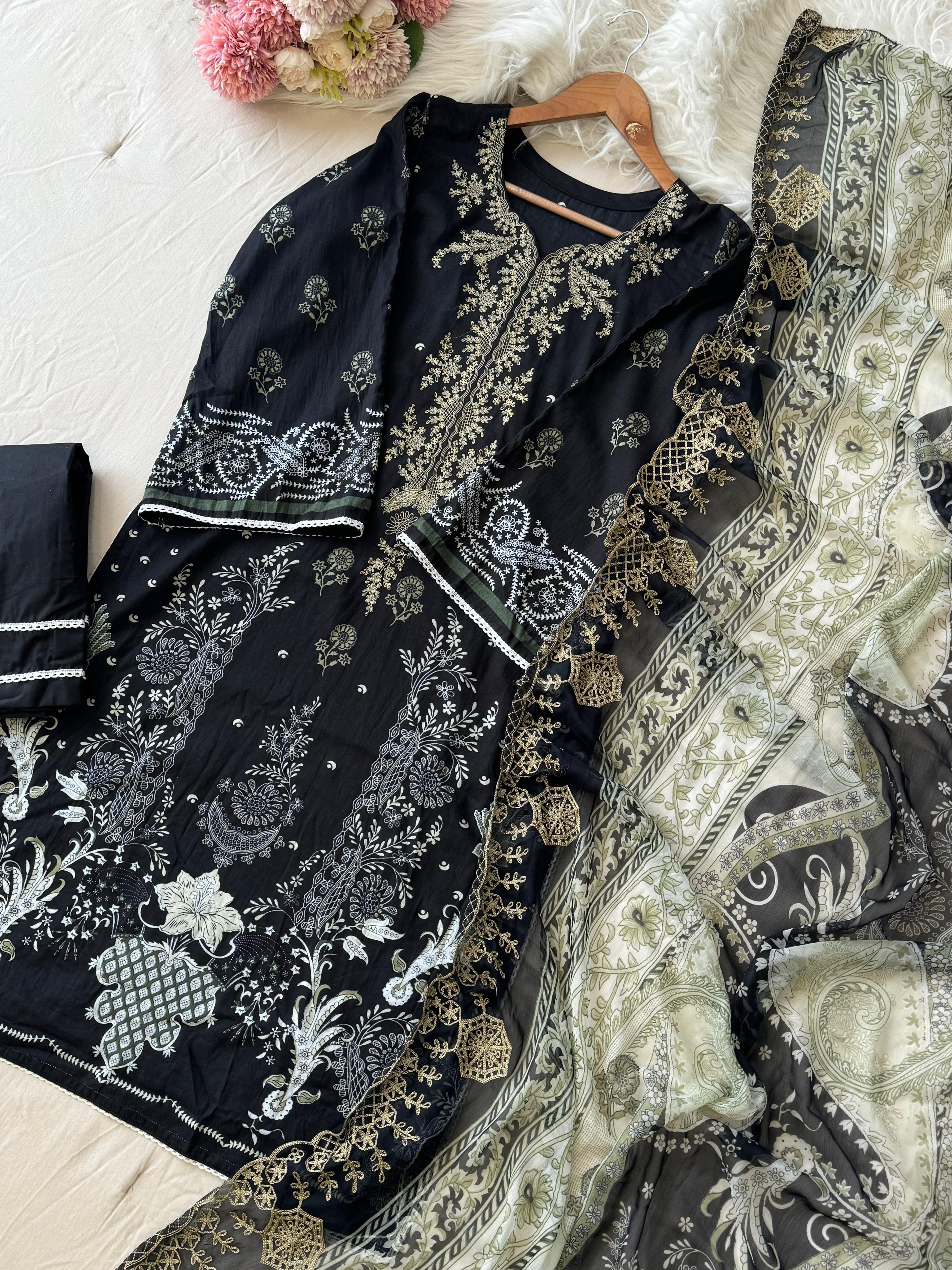 Black Printed Unstitched Suit 3972
