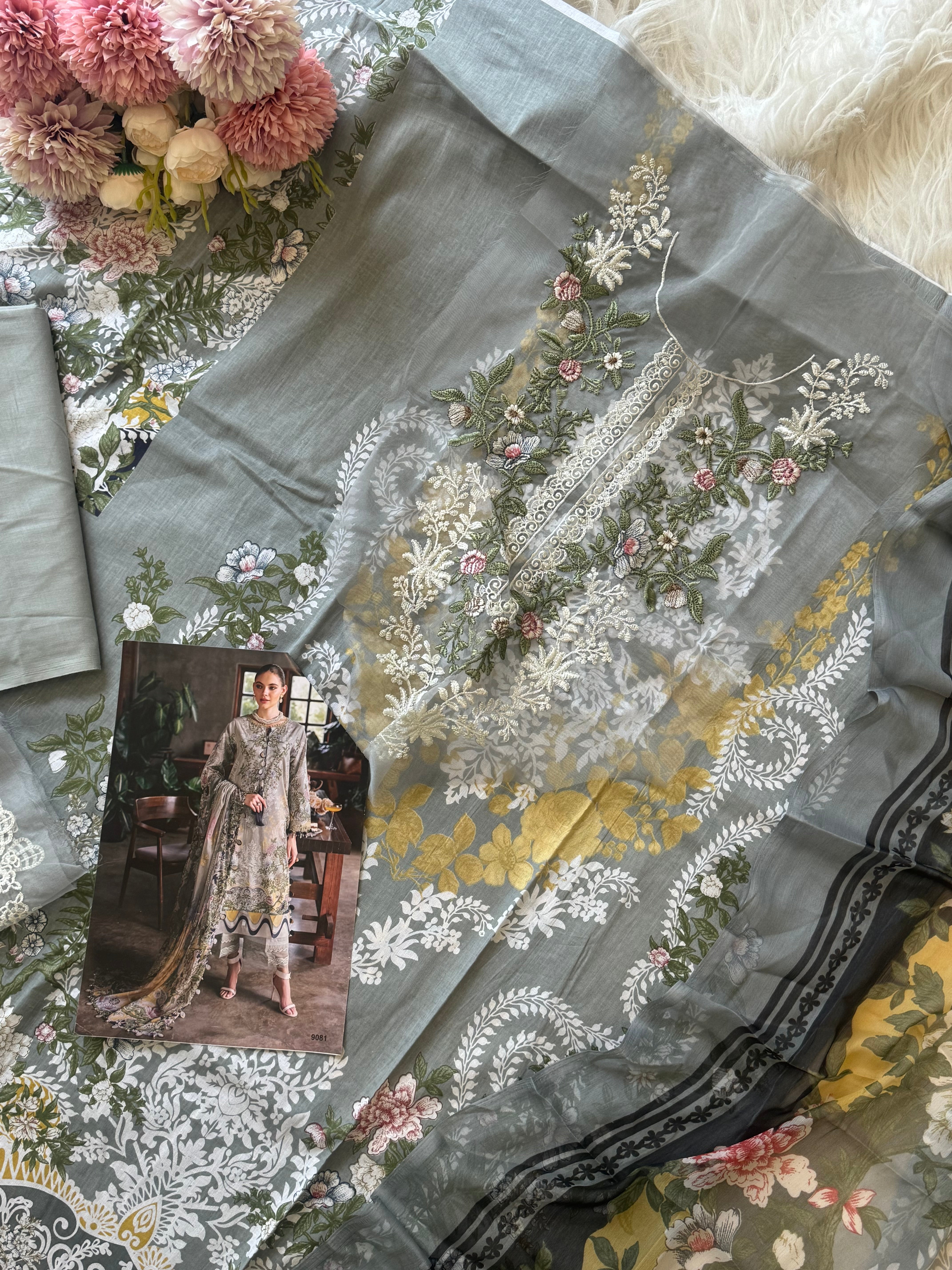 Pakistani printed cotton suit with embroidered patches -9081