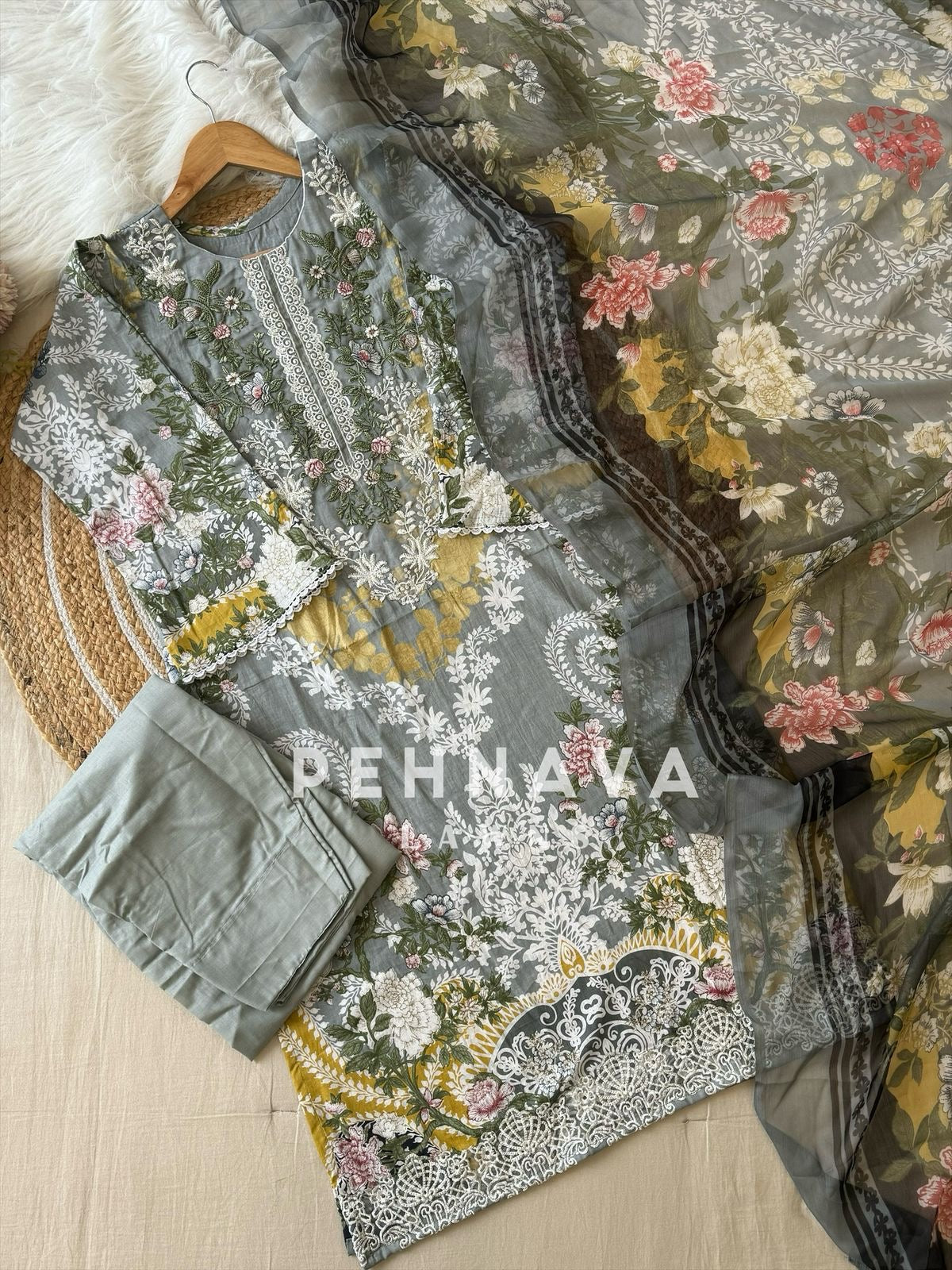 Pakistani printed cotton suit with embroidered patches -9081
