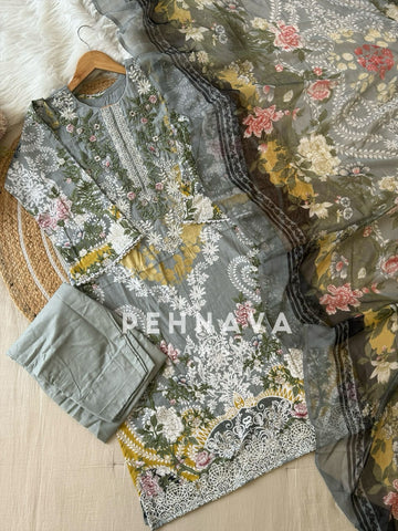 Pakistani printed cotton suit with embroidered patches -9081