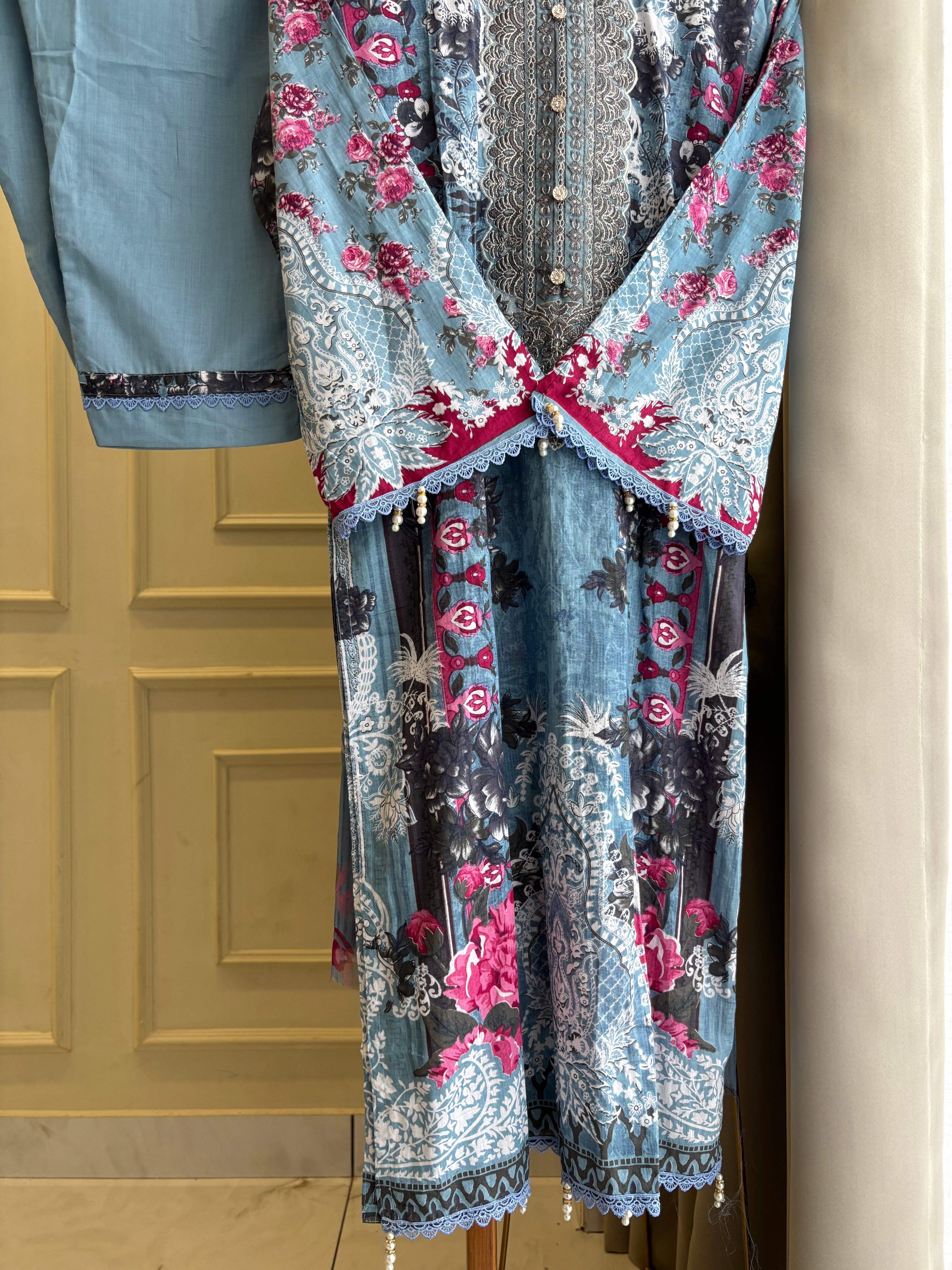 Blue Embellished Floral Suit