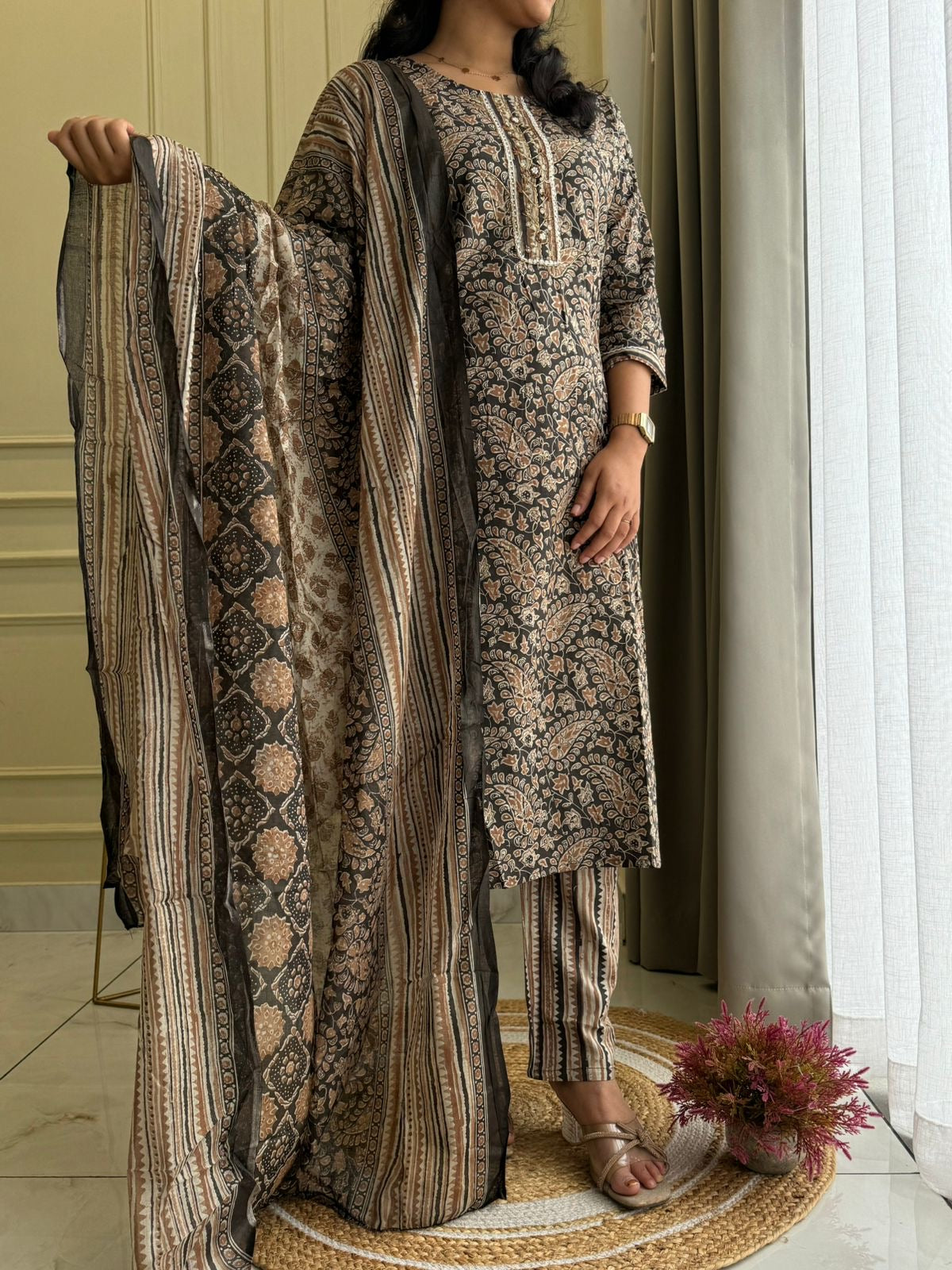 Ajrak Printed Cotton Suit with Neck detailings -Black