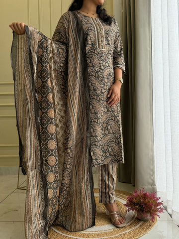 Ajrak Printed Cotton Suit with Neck detailings -Black