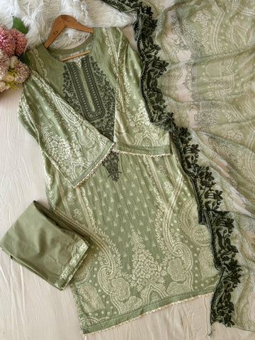 Green Printed Unstitched suit 3976