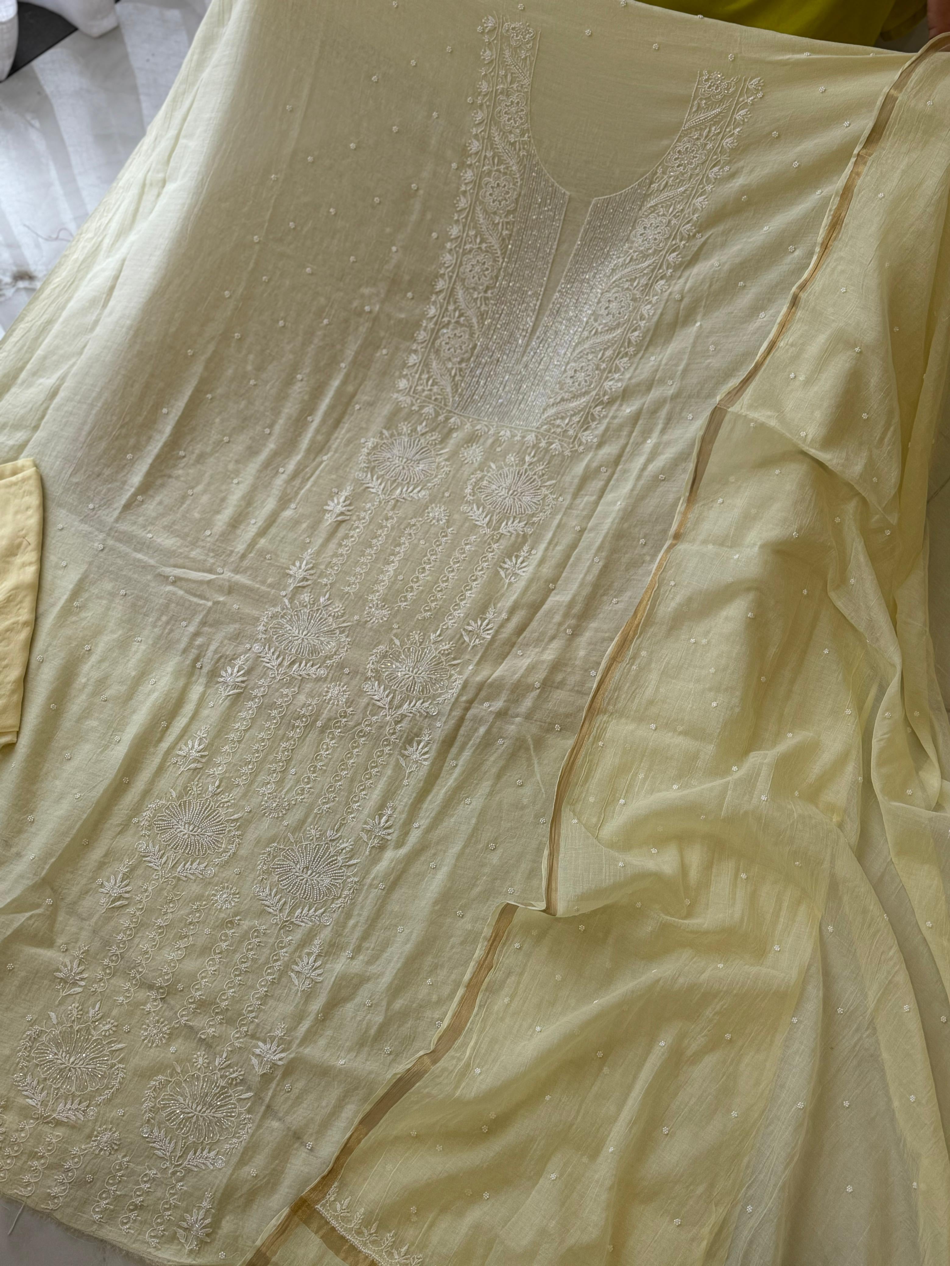 Authentic chikankaari embroidered Unstitched suit- Yellow