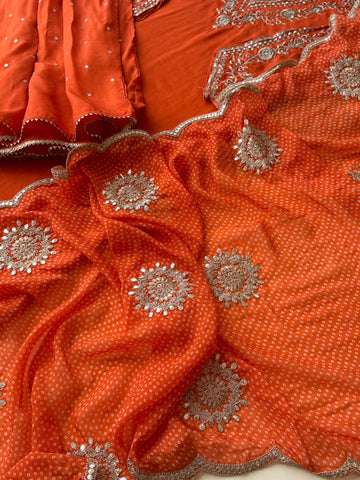 Rust orange silk suit with sharara and embroidered dupatta-4194