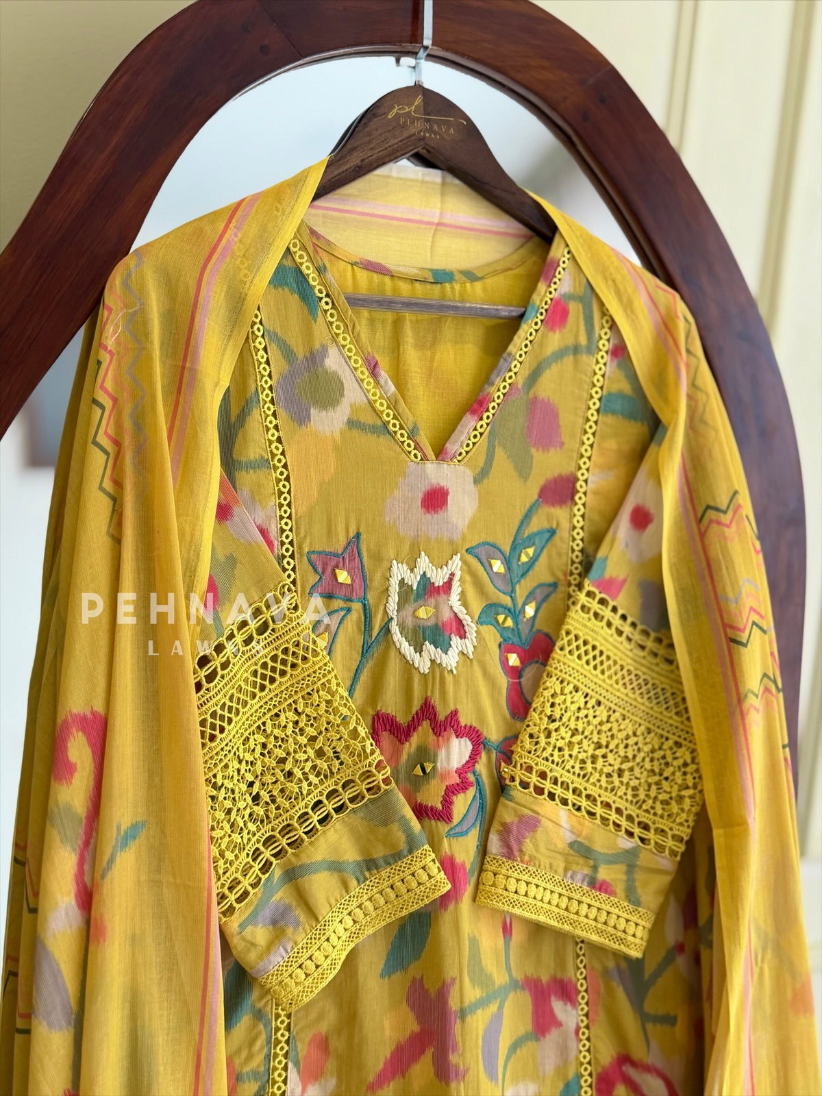 Floral Print Cotton Suit with Lace-6131