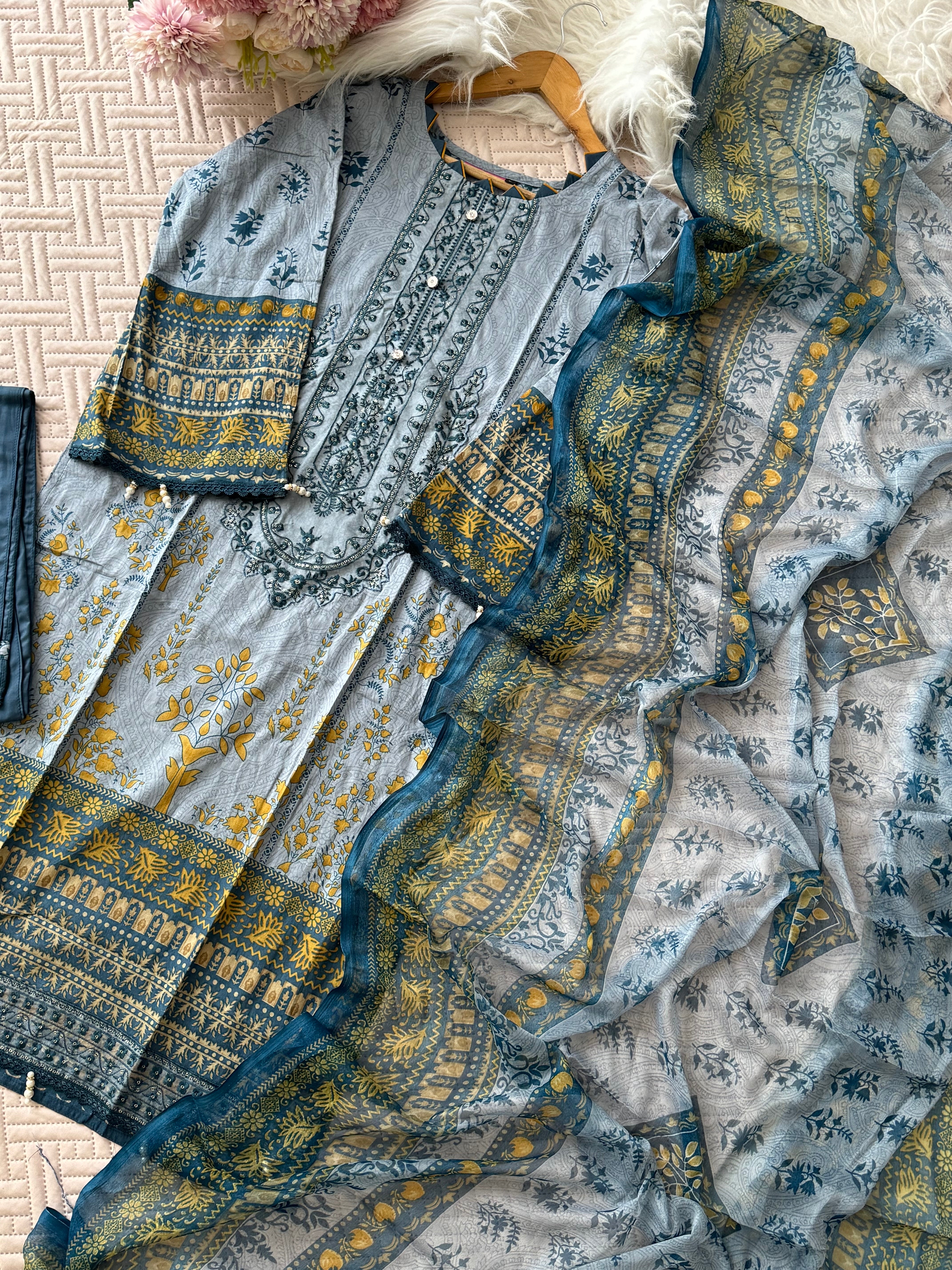 Self Embroidered greyish blue suit