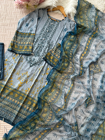 Self Embroidered greyish blue suit