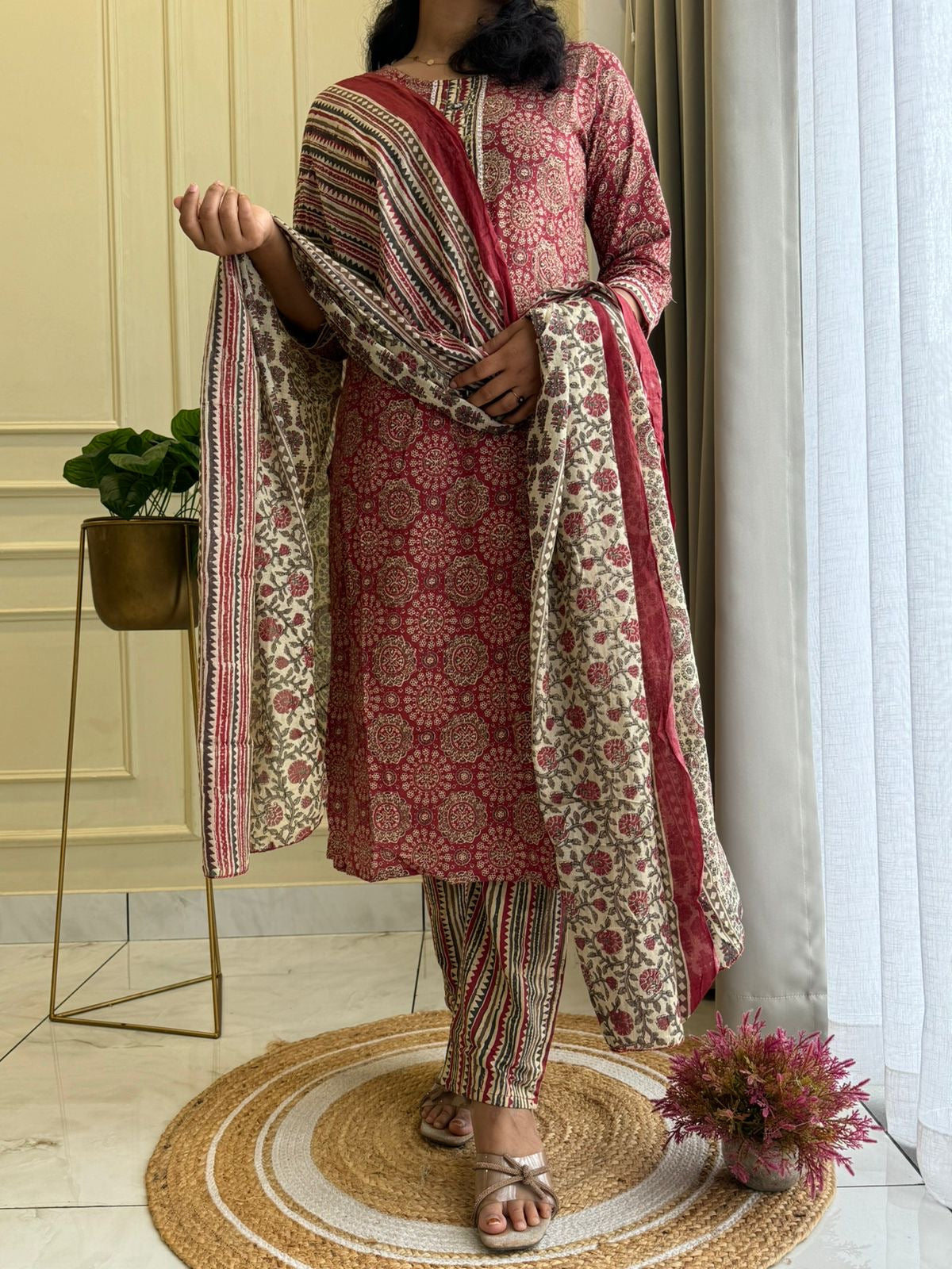 Ajrak Printed Cotton Suit with Neck detailings -Red