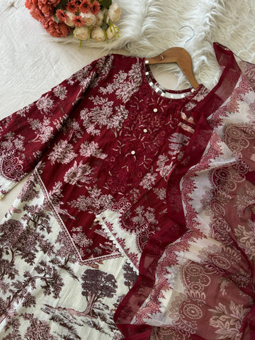 Maroon Floral Printed Pak-Suit 1343 - Pehnava Lawns