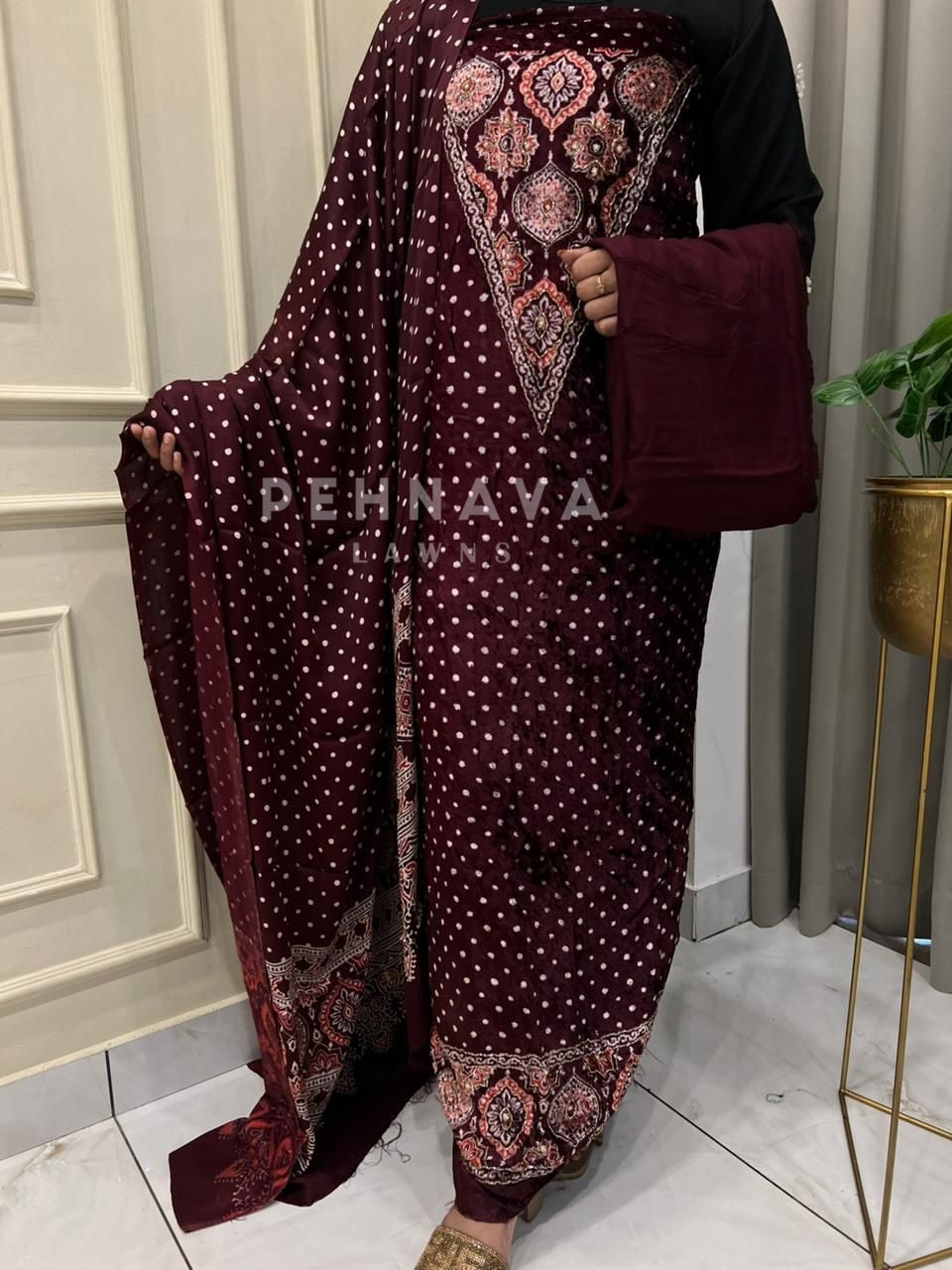 V-Neck Velvet Touch Ajrakh Suit - Pehnava Lawns