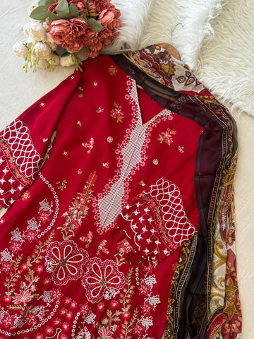 Red Ready to Wear Embroidered Rayon Suit - Pehnava Lawns