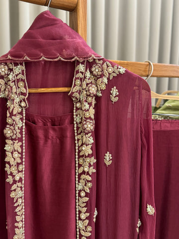 Premium Chiffon handworked jacket style with scalloped organza dupatta