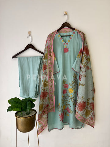 Floral Embroidered with Appliqué Chanderi Suit - Pehnava Lawns