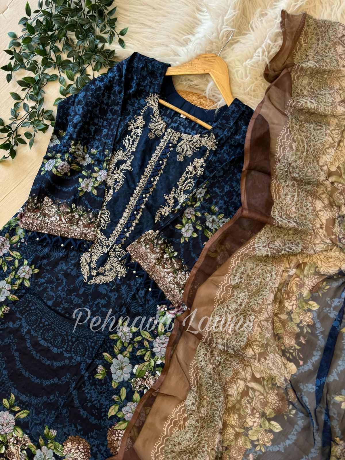 Cotton Embroidered Suit with Chiffon/Cotton Dupatta 1096