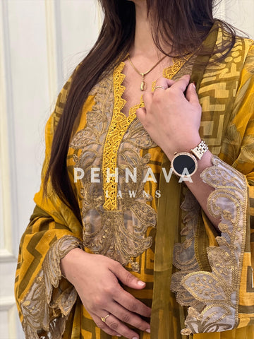 Mustard Printed Lawn Suit with Printed Dupatta-Chiffon/Cotton