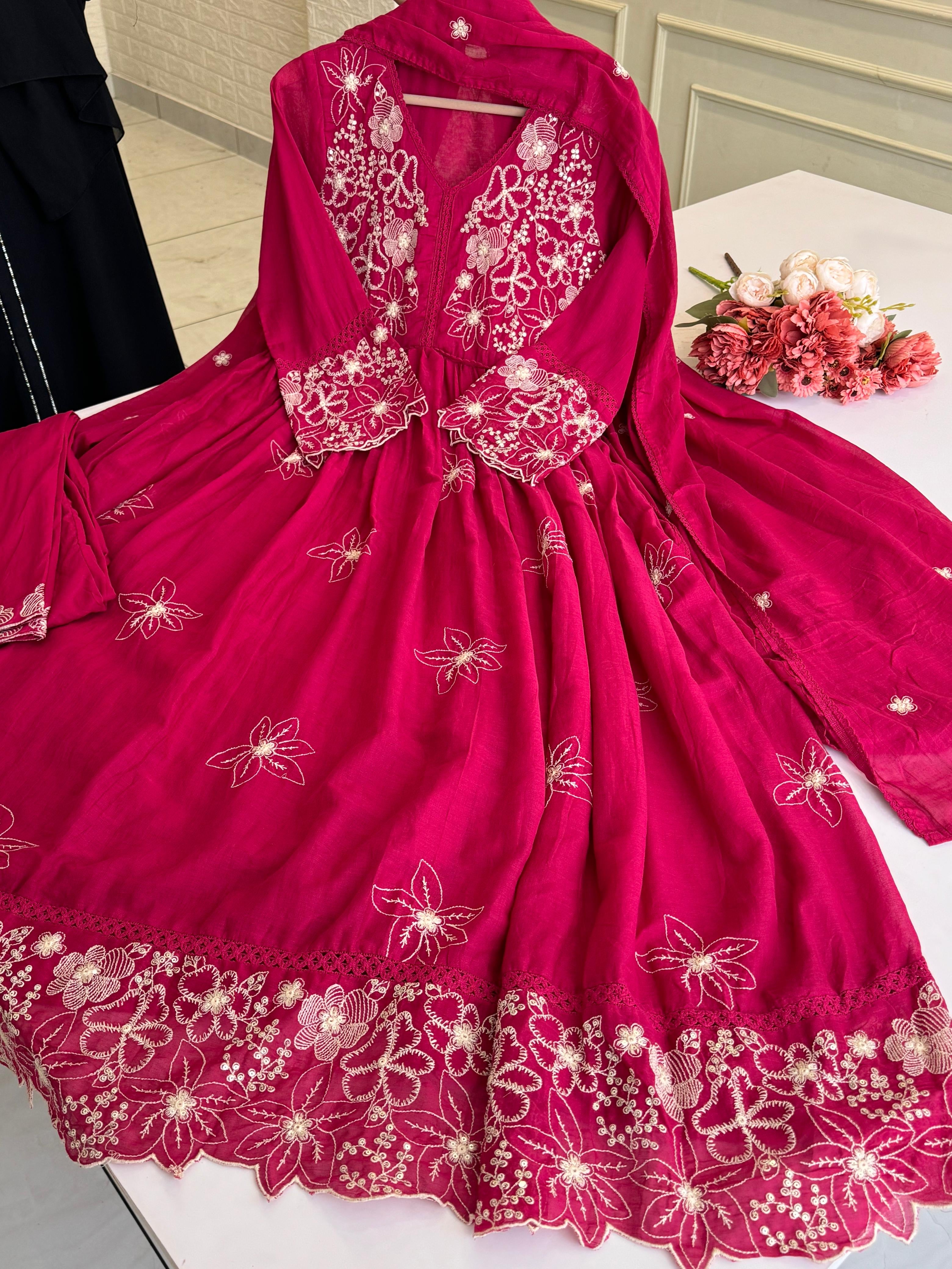 New Pink&Orange Mul-Cotton Premium Anarkali Suit