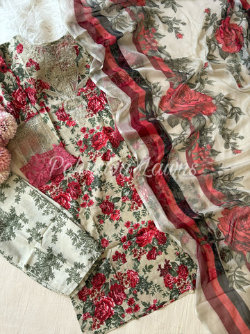 Floral printed cotton suit with embroidered patches-568 beige