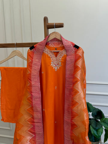 Silk hand detailed suit with banarsi woven Dupatta-8519