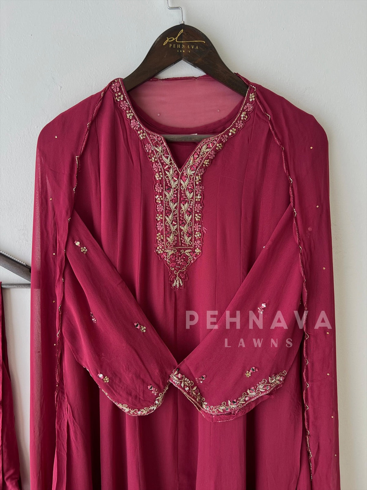 Full-flaired front slitted Gown with hand and Neck detailings - Pehnava Lawns