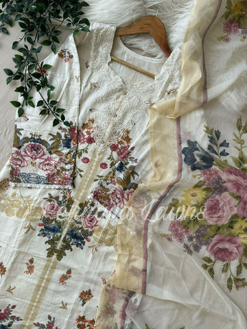 White Floral Suit Featuring Chiffon Shawl