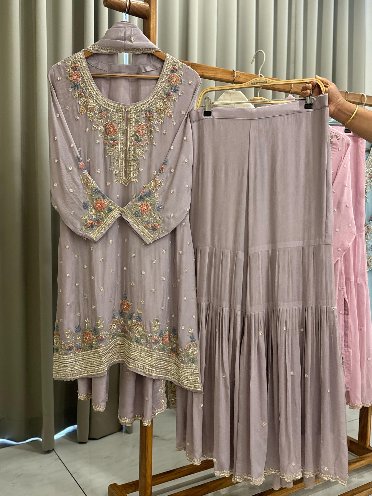Handworked Chiffon Suit with Pleated Sharara Pants - Pehnava Lawns