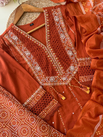 Pure cotton embroidered Anarkali suit with hackoba Detailings