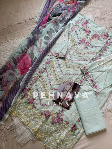 Cotton fully embroidered suit with  chiffon dupatta-3521