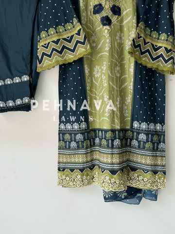 Lawn suit in deep navy and green -c-25