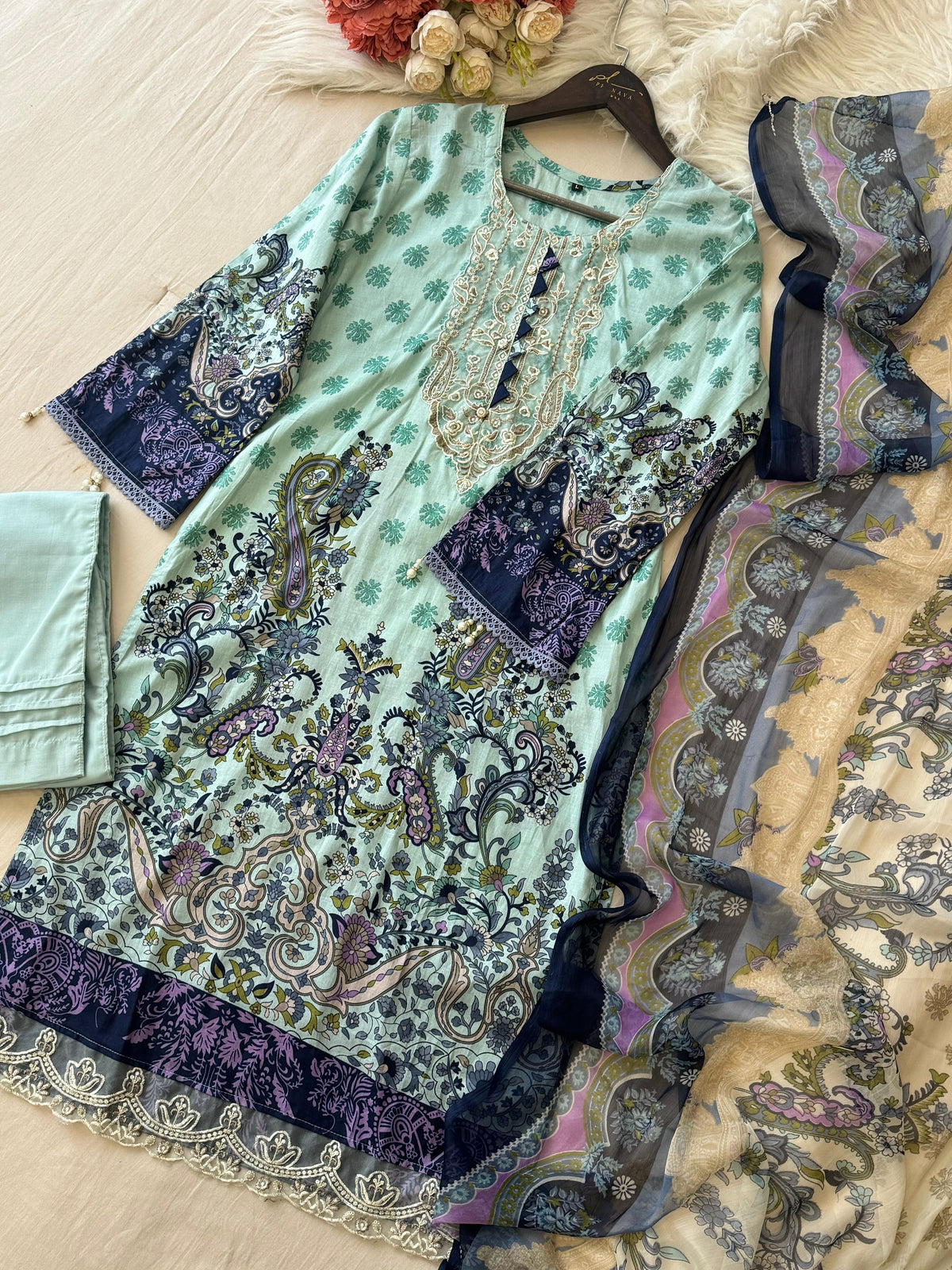 Paisley Green Suit with Neckline Embroidery 1366A