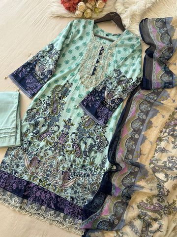 Paisley Green Suit with Neckline Embroidery 1366A