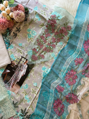 Pakistani printed cotton suit with embroidered patches -9088