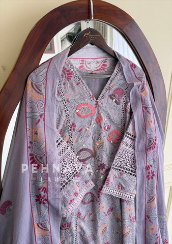 Floral Print Cotton Suit with Lace