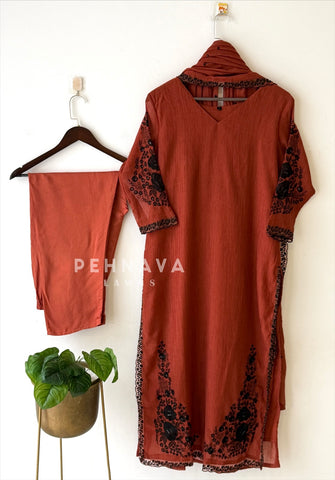 Crushed Cotton Embroidered Ensemble