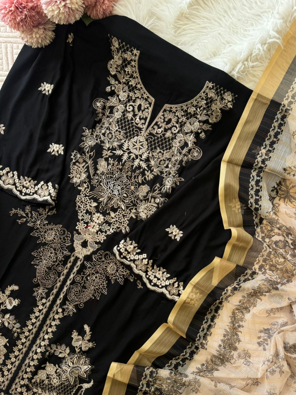 Rayon Embroidered Suit-Black 3639C