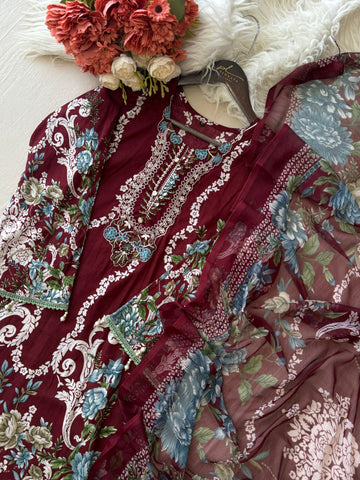 Maroon casual suit with pure chiffon/cotton dupatta-1351