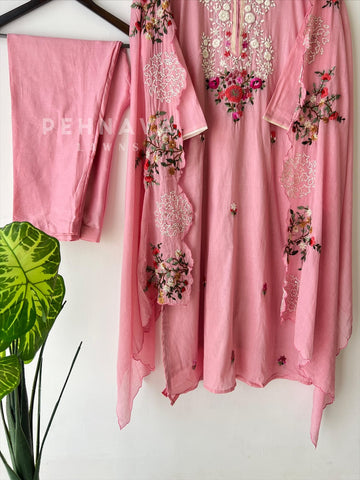 Floral Embroidered Suit with Scalloped Dupatta