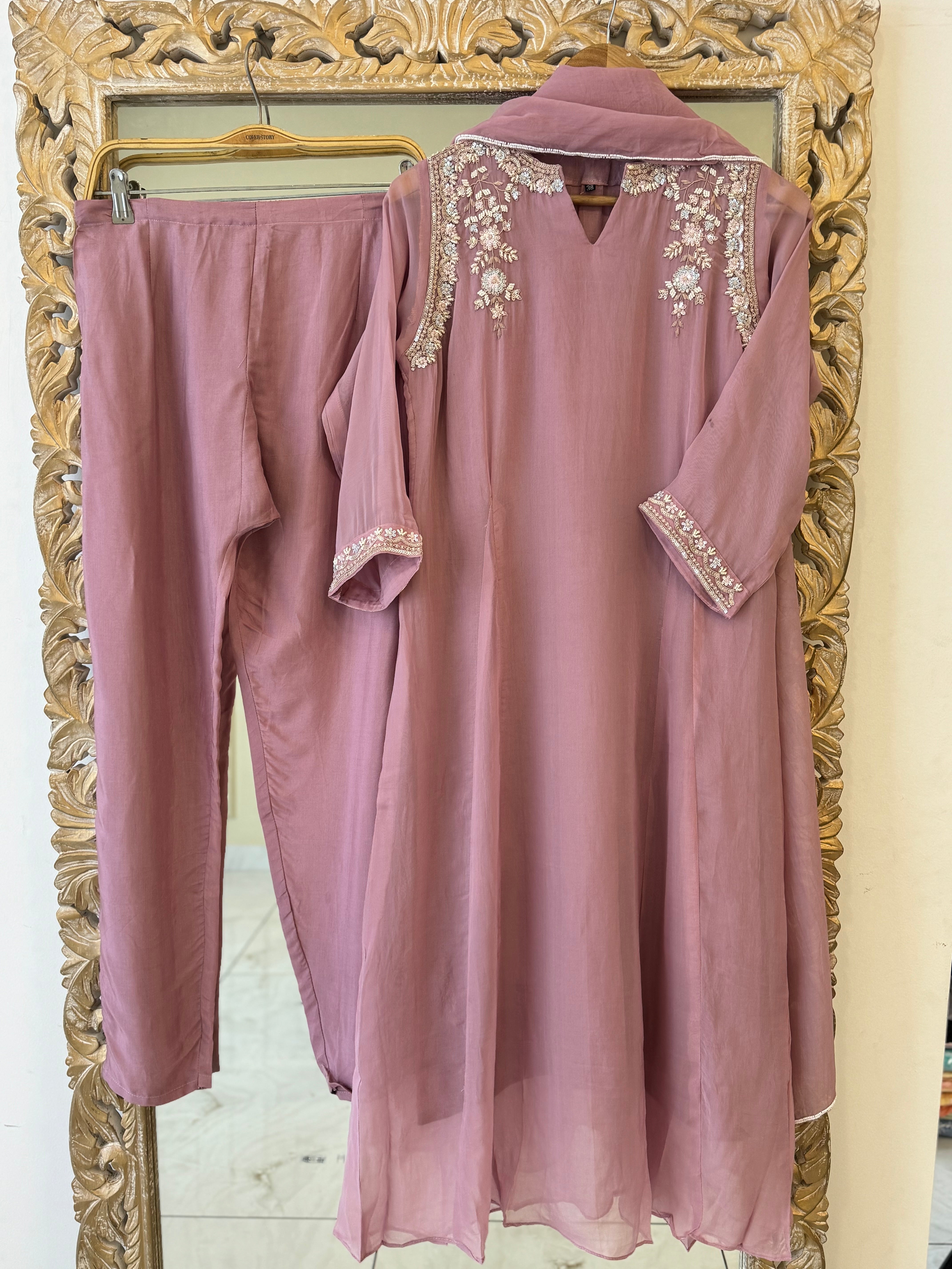 Pure organza aline suit with neck detailing-color options available