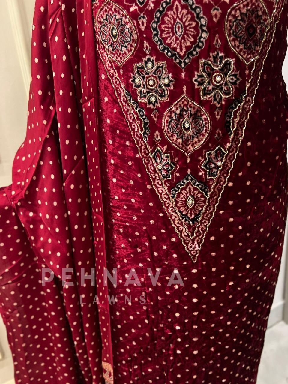 V-Neck Velvet Touch Ajrakh Suit - Pehnava Lawns