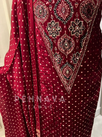 V-Neck Velvet Touch Ajrakh Suit - Pehnava Lawns