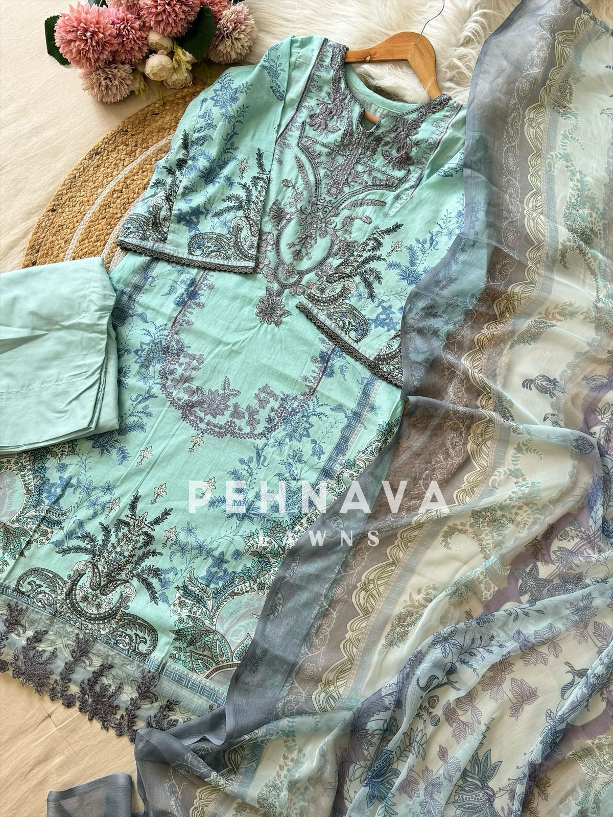 Pakistani printed cotton suit with embroidered patches -9084