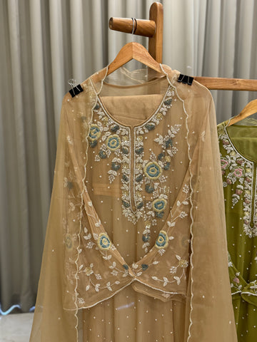 Premium Chiffon handwork suit with bottom and organza  hand  worked dupatta-1180